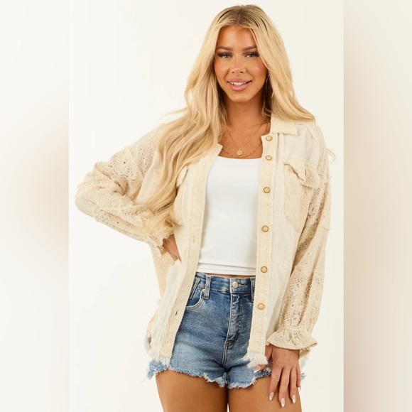 Umgee Jackets & Blazers - NWT UMGEE Lace Eyelet Crochet Patch Linen Button Down Shacket Jacket Oatmeal